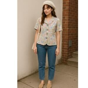 Y2k Vintage Leslie Fay Floral Linen Blend Blouse Sz 12 Pastel Cottagecore